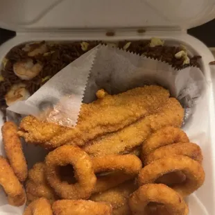 Catfish, Shrimp fried rice, Onion rings