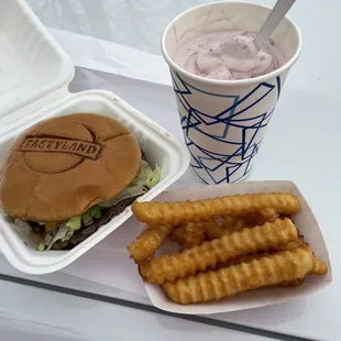 Cheeseburger, regular sized fries, and regular sized raspberry shortcake landslide.