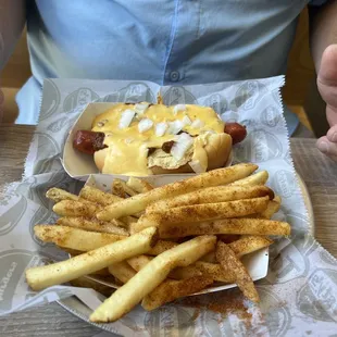 Chili cheese hot dog with seasoned fries