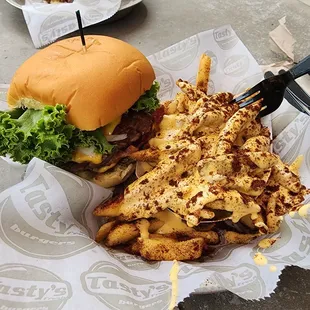 Double bacon cheese Tasty burger and chili dusted cheese fries