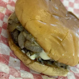 Swiss cheese and mushroom burger, cooked to perfection!