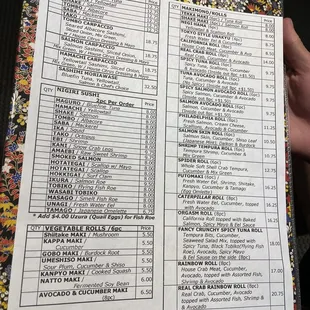 Sushi menu