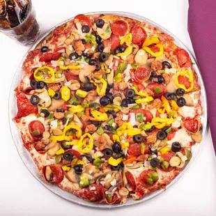 a pizza and a drink