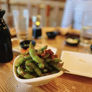 Garlic Edamame &amp; Warm Sake