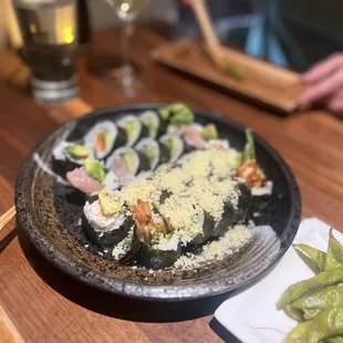 Happy Hour: Arctic Char And Avocado Roll, Shrimp Tempura Roll, Crunchy California Roll, Albacore and Avocado Roll