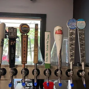 a row of beer taps