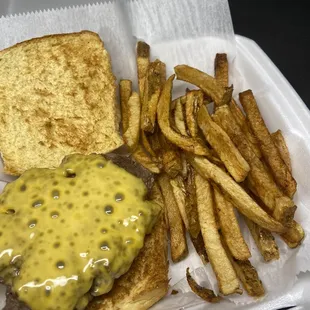 a cheeseburger and fries