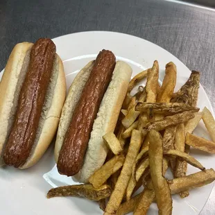 two hot dogs and french fries