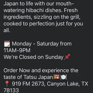 Current Hours (as of August &apos;24): Mon-Sat, 11a-9p; Closed Sun