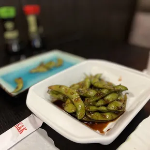 Garlic Edamame - it&apos;s grilled but not soft on the inside. Incredible flavor!
