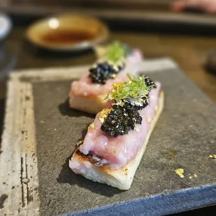 Negi Toro Toast with caviar and gold flakes