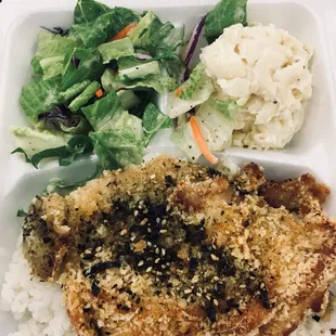 Furikake chicken katsu w/rice - tossed salad/house dressing and macaroni salad