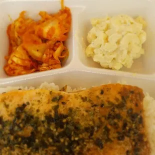 furikake salmon w/ kimchi and macaroni salad