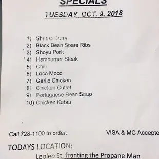 Daily specials.  ,call daily for updates