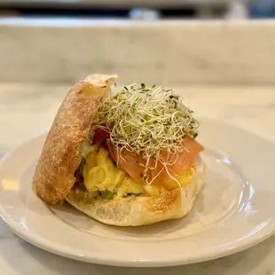 Smoked salmon, avocado, and egg sandwich