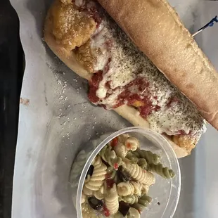Chicken Parmesan with pasta salad