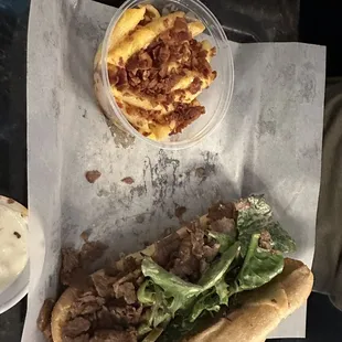 Devils reject with stake substitue and Mac and cheese with bacon