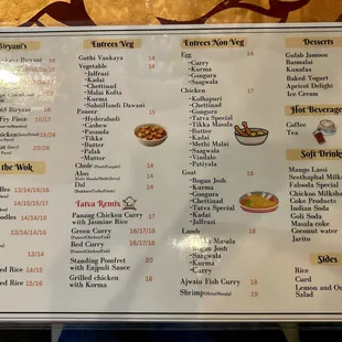 February 2025 menu biryani, entrees, desserts, drinks, etc.
