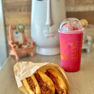 Breadstick Combo (3 Pieces) &amp; a FLAMINGO SMOOTHIE-PINK DRAGONFRUITS, MANGOS, STRAWBERRIES, TOPPED W/ FROZEN FRUIT BEAR