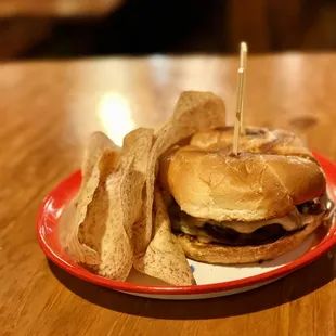 Lao Burger with taro chips - cut in half