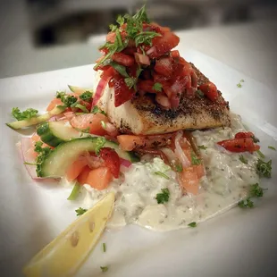 The Wahoo with Gorgonzola cream sauce and strawberry salsa, just wow..