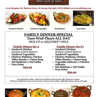 Introducing the NEW Tues-Wed-Thurs Family Dinner Special. Available for lunch or dinner, pick up or delivery* for 4 or 6 people.