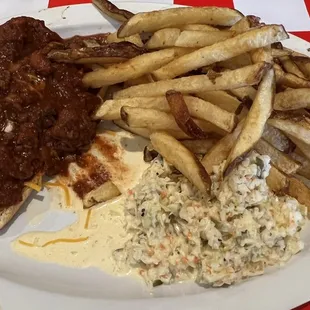 Chili Hot Dog..with slaw and fries.