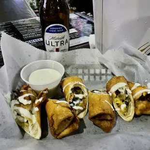 Southwest chicken egg rolls ( with house made ranch) These were endangered and hard to find for a while ... but they're back