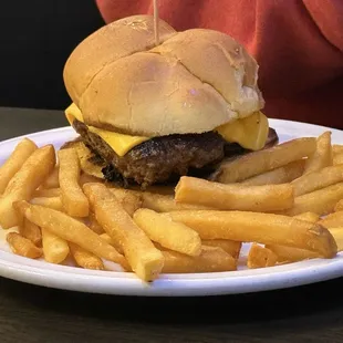 Bacon cheeseburger and fries