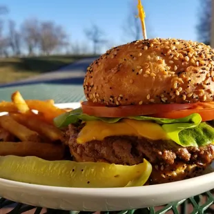 a hamburger and fries on a plate