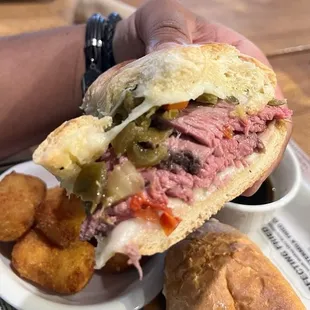 Perfectly cooked beef inside the Beef Giardiniera!