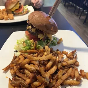 a burger and fries on a plate