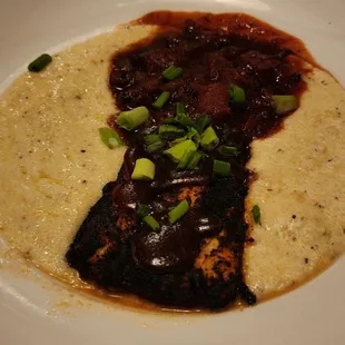 Blackened Mahi with pepper jack grits and sweet tomato jam - my favorite entree here!