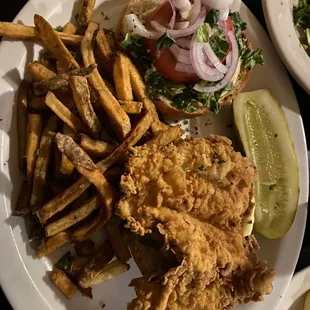 a plate of fried chicken and fries