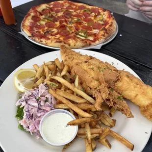 Fish and chips + pepperoni pizza with cherry peppers