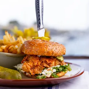 Fried Chicken Sandwich with Bread &amp; Butter Pickles and Coleslaw