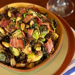 Charred Brussels Sprouts, Bacon, Maple Syrup, Pine Nuts
