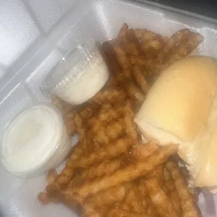 Catfish sand which with fries ! Portion is great ! Definitely will get full here !