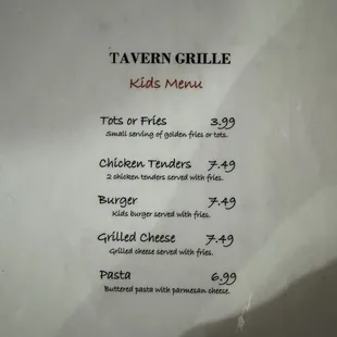 Kids menu