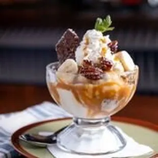 The Bananarama, Pecan Ice Cream,Candied Pecans,Toffee Crumbles,Banana Pastry Cream, Fresh Bananas, Salty Caramel Sauce, you deserve it!