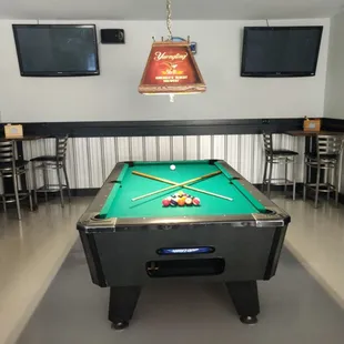 a pool table and televisions