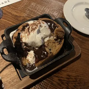 Warm skillet cookie with ice cream. $10