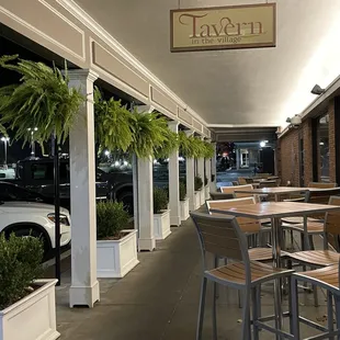 Patio with beautiful Boston ferns.