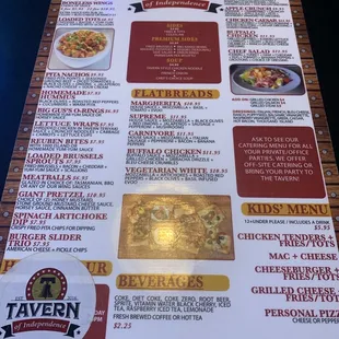the menu for tavern of independence