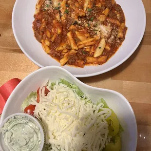 Cavalli and Meat Sauce with side salad served with Green Goddess dressing