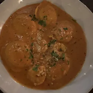 Lobster ravioli with shrimp in vodka cream sauce