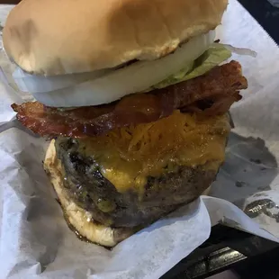 It's a tower of food. Two Patties that are about an inch high EACH! That's two inches.