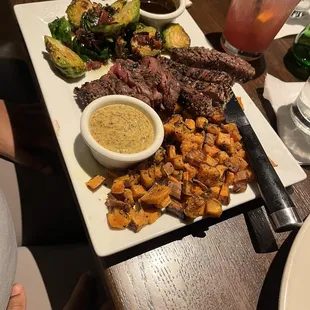 Flank steak with brussel sprouts and sweet potatoes