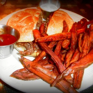 Average beef &amp; cheese sandwich w/ sweet potato fries