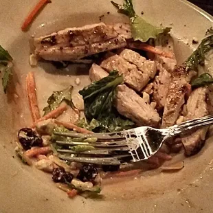 Salad in my belly, chicken that didn't taste like chicken on the side of the plate.